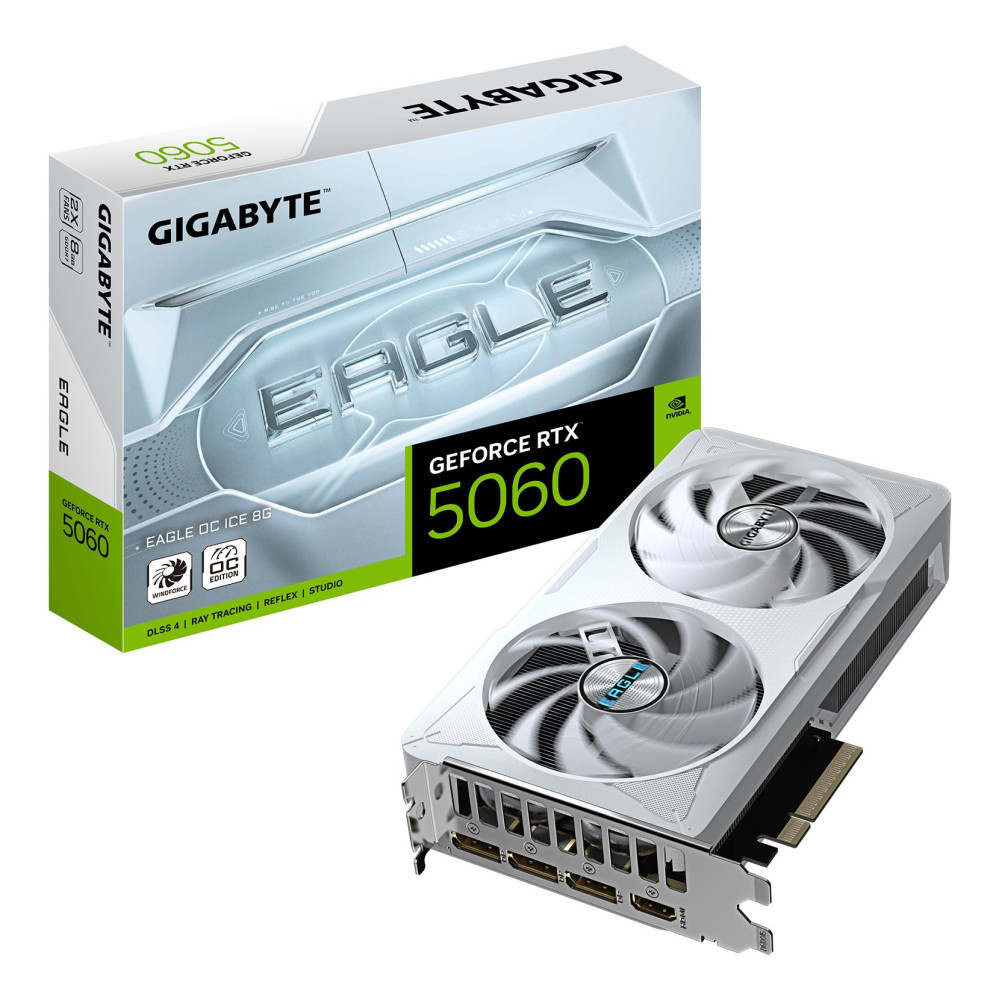 GIGABYTE GeForce RTX 5060 EAGLE OC ICE 8G Scheda Grafica - 8GB GDDR7, 128bit, PCI-E 5.0, 2550 MHz Frequenza core, 3 x DisplayPor GIGABYTE GeForce RTX 5060 EAGLE OC ICE 8G Scheda Grafica - 8GB GDDR7, 128bit, PCI-E 5.0, 2550 MHz Frequenza core, 3 x DisplayPor