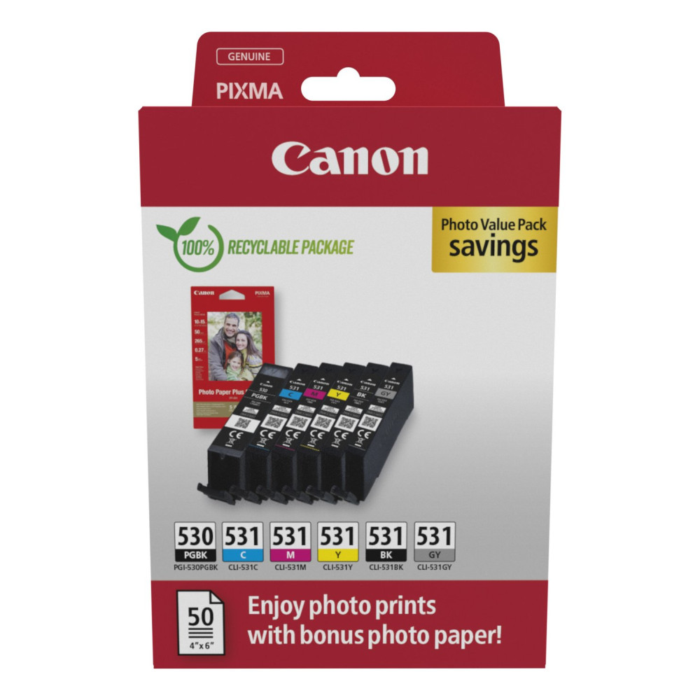 Canon PGI-530/CLI-531 PVP cartuccia d'inchiostro 6 pz Originale Nero, Ciano, Grigio, Magenta, Nero per foto, Giallo Canon PGI-530/CLI-531 PVP cartuccia d'inchiostro 6 pz Originale Nero, Ciano, Grigio, Magenta, Nero per foto, Giallo