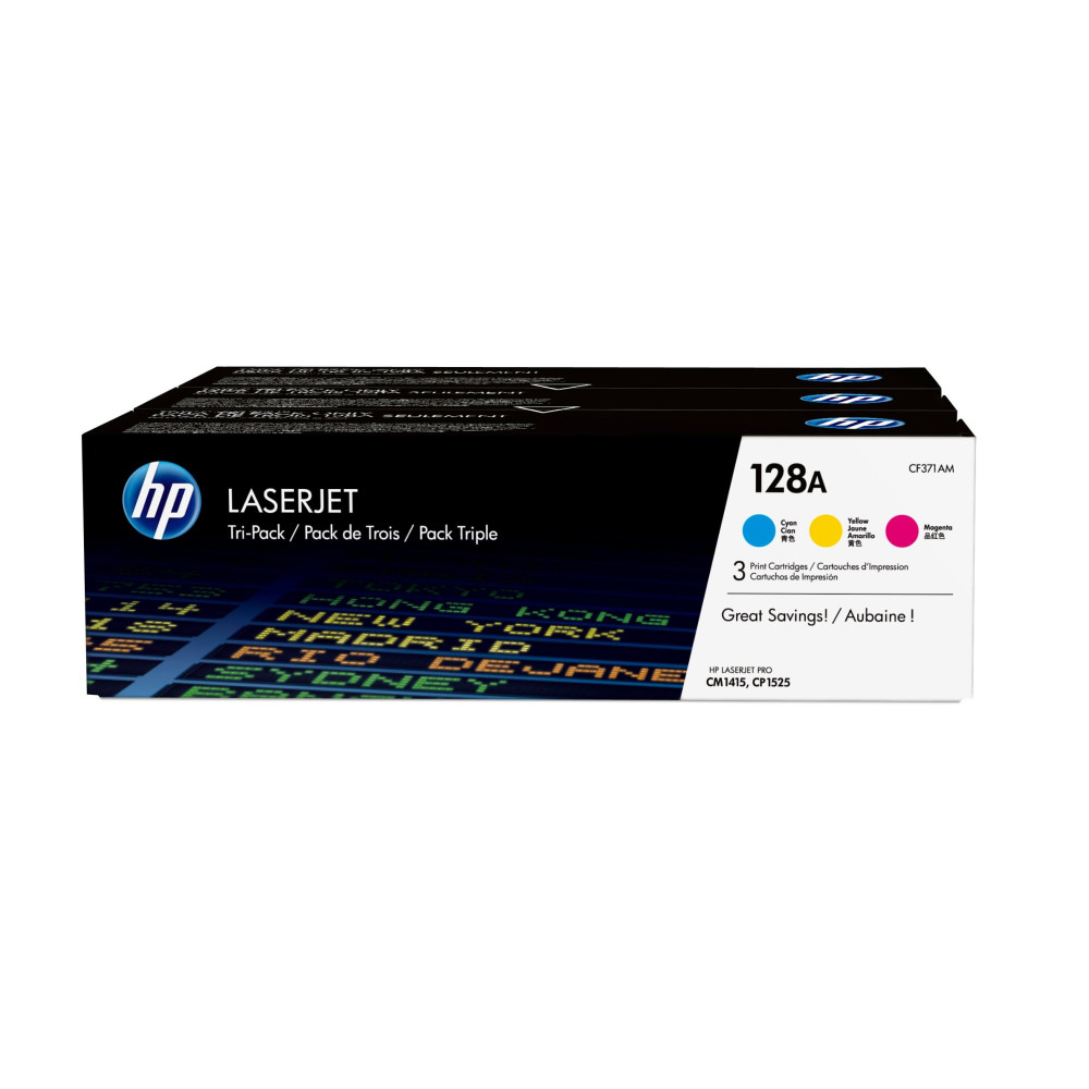 HP Confezione da 3 cartucce originali di toner ciano/magenta/giallo LaserJet 128A HP Confezione da 3 cartucce originali di toner ciano/magenta/giallo LaserJet 128A