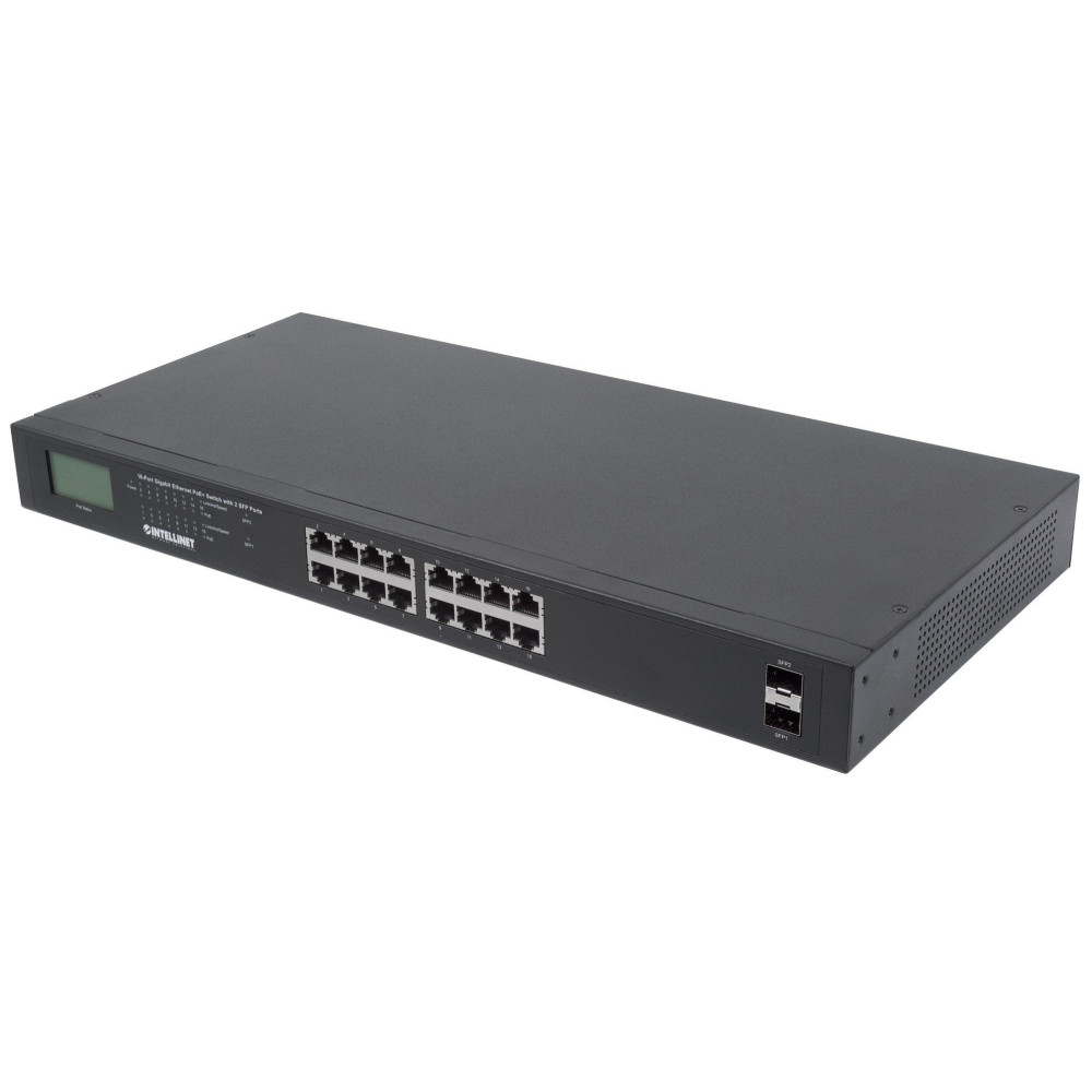 Intellinet 16-Port Gigabit Ethernet PoE+ Switch con 2 porte SFP, Display LCD, Power over Ethernet (PoE+/PoE) IEEE 802.3at/af