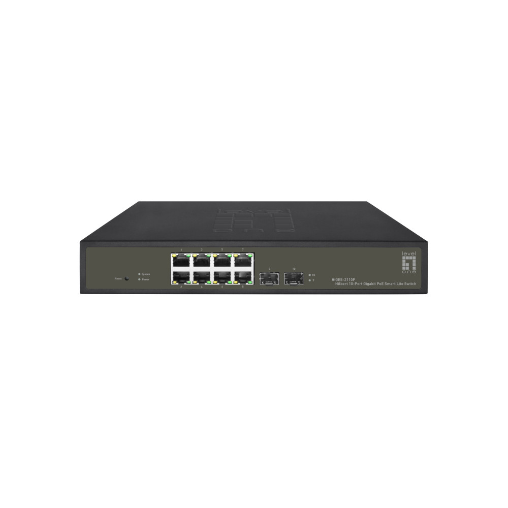 LevelOne Hilbert 10-Porta di interscambio Gigabit PoE Smart Lite, 8 uscite PoE, 2 x Gigabit SFP, 802.3at/af PoE, 130W PoE-Budget