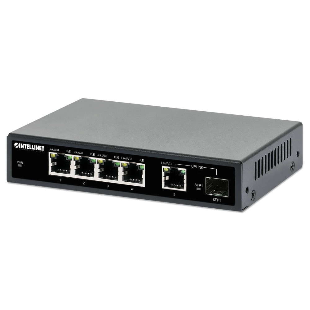 Intellinet Switch - 4 x 10/100/1000 (PoE+) + 1 x Combo Gigabit SFP/RJ-45 (Uplink)