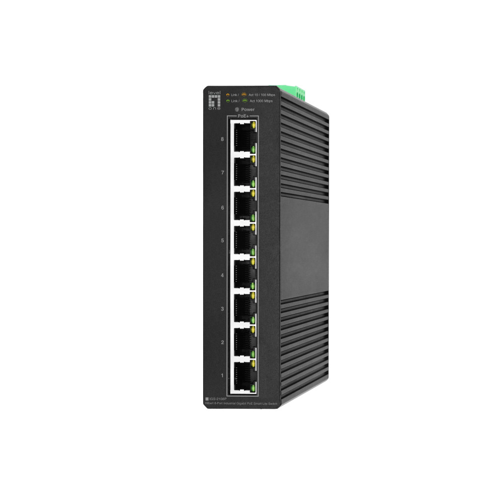LevelOne Hilbert 8-Port Industrial Gigabit PoE Smart Lite Switch, 8 uscite PoE, 802.3at/af PoE, gestito, L2, Gigabit Ethernet (1