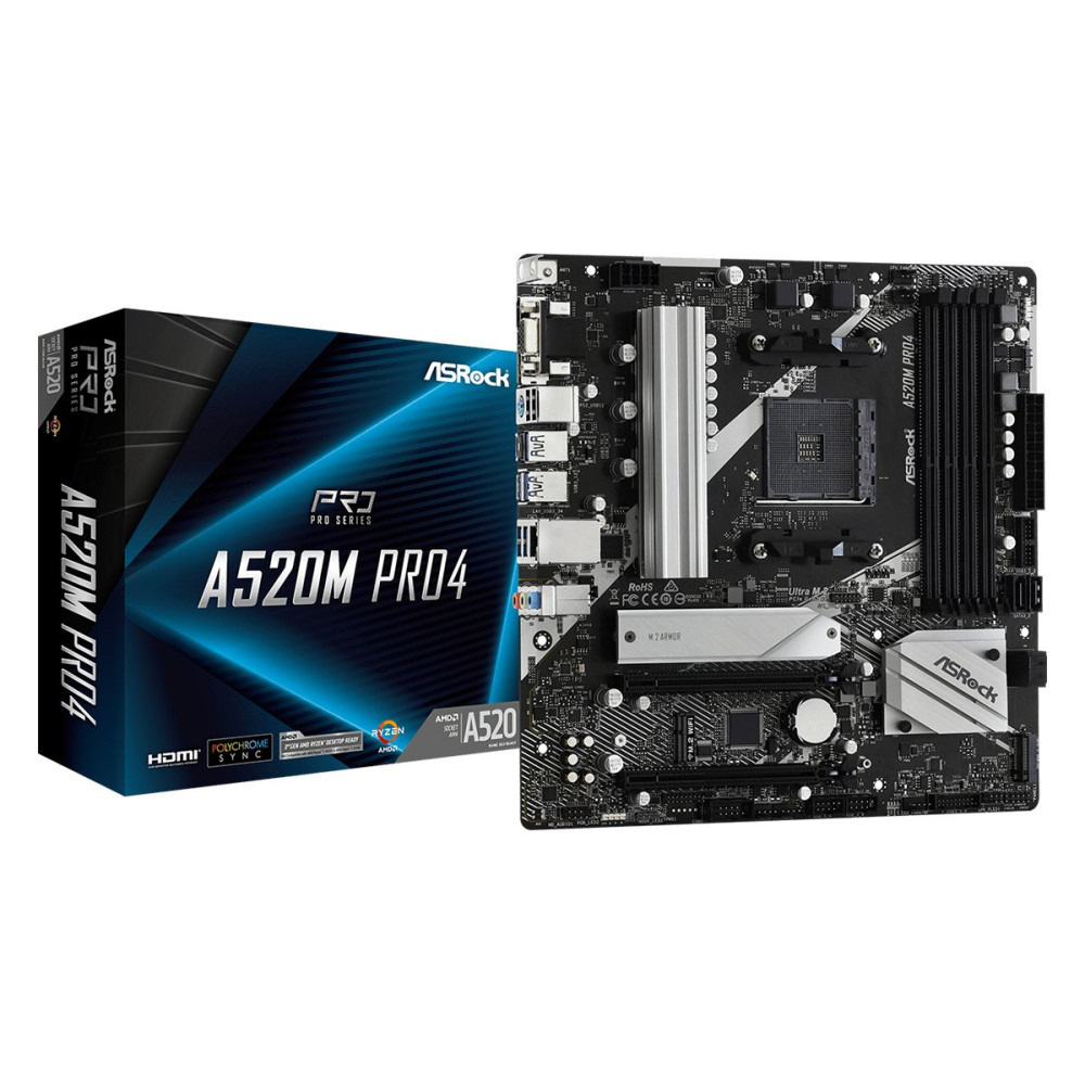 ASRock A520M Pro4 - Scheda madre - micro ATX - Socket AM4 - Scheda Madre AMD A520 - USB 3.2 Gen 1, USB-C Gen1 - LAN Gigabit - Gr