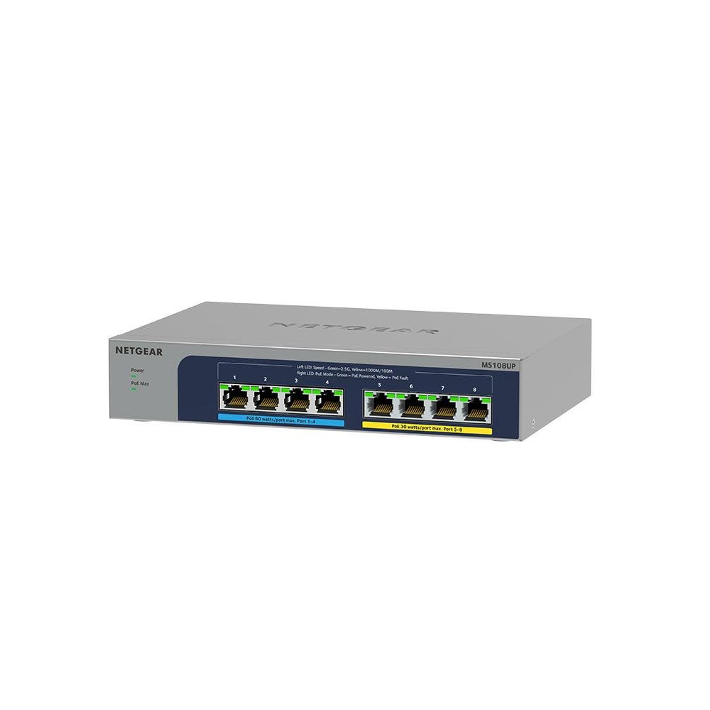 Netgear MS108UP, non gestito, 2,5G Ethernet (100/1000/2500), Full Duplex, Power over Ethernet (PoE), Montaggio su parete
