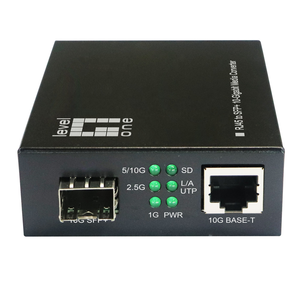 LevelOne convertitore mediastato 10-Gigabit RJ45 a SFP+, 10000 Mbit/s, 10GBase-T, IEEE 802.3ab, IEEE 802.3ae, IEEE 802.3an, IEEE