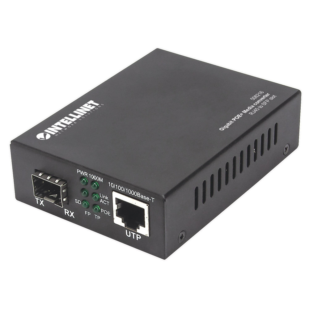 Intellinet Gigabit PoE+ Convertitore di Media, 1 x Porta 1000Base-T RJ45 a 1 x Porta SFP, Iniettore PoE+ - Convertitore di media