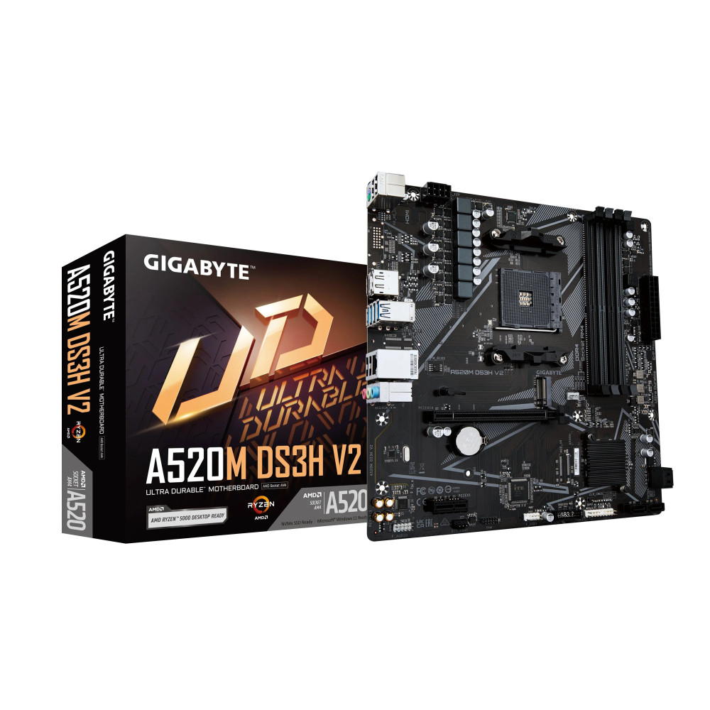 Gigabyte A520M DS3H V2 Mainboard - Supporta CPU AMD Ryzen 5000 Serie AM4, fino a 4733 MHz DDR4 (OC), PCIe 3.0 x16, LAN GbE, USB 