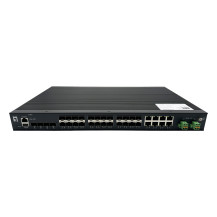 Switch industriale gestito LevelOne 28-port Gigabit con fibra ottica della classe L2-Plus, dotato di 16 connettori SFP per 1 Gbp