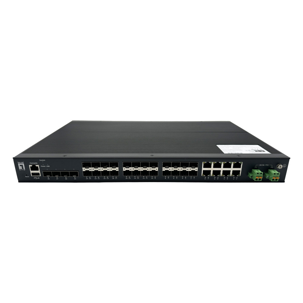 Switch industriale gestito LevelOne 28-port Gigabit con fibra ottica della classe L2-Plus, dotato di 16 connettori SFP per 1 Gbp