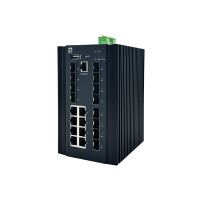 Switch industriale gestito LevelOne 20-port L2+, 8x 1GbE RJ45, 8x 1GbE SFP, 4x 1/2.5/10GbE SFP+, montaggio su DIN-rail, -40┬░C a