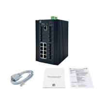 Switch industriale gestito LevelOne 20-port L2+, 8x 1GbE RJ45, 8x 1GbE SFP, 4x 1/2.5/10GbE SFP+, montaggio su DIN-rail, -40┬░C a