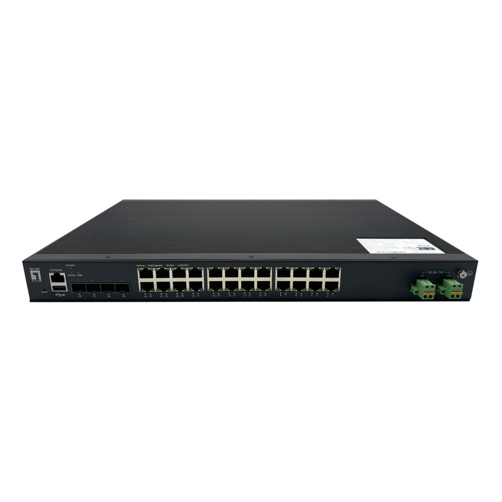 Switch industriale LevelOne a 28 porte L2+, gestito, PoE, con 4 porte SFP+ da 1/2.5/10GbE, 24 uscite PoE, potenza massima di 370