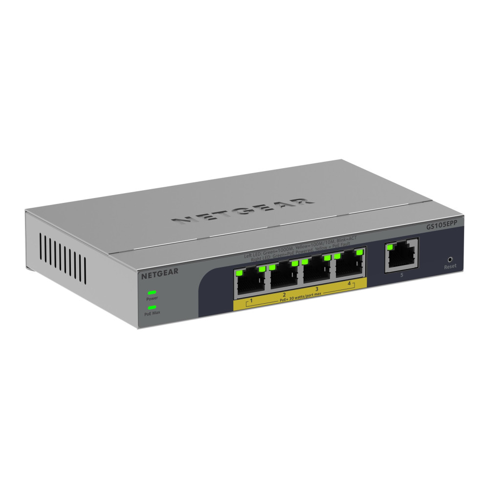 Netgear Easy Smart GS105EPP - Switch - aumento di prestazioni - L3 - Intelligente - 1 x 10/100/1000 + 4 x 10/100/1000 (PoE+)
