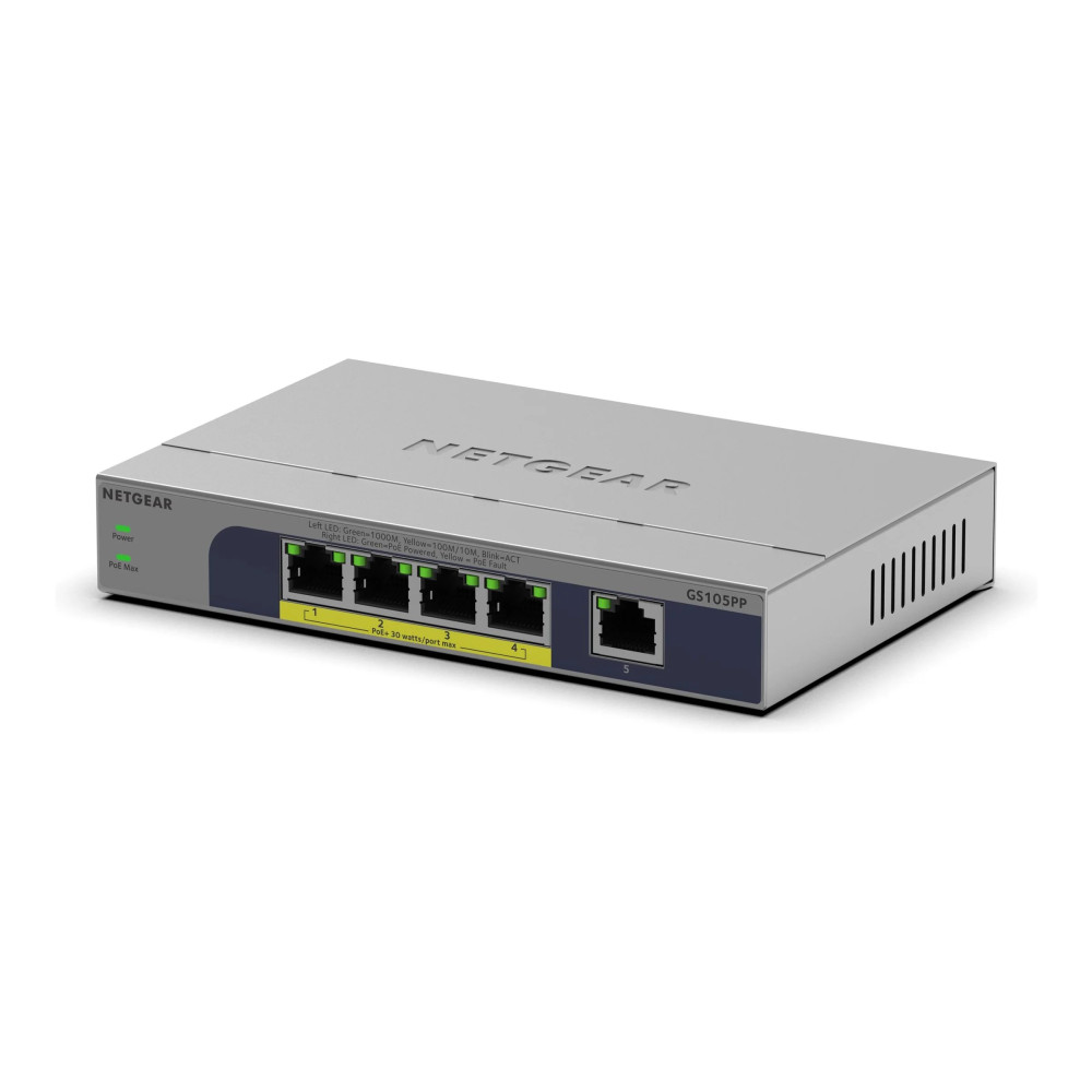 Netgear GS105PP - Switch - senza gestione - 1 x 10/100/1000 + 4 x 10/100/1000 (PoE+)