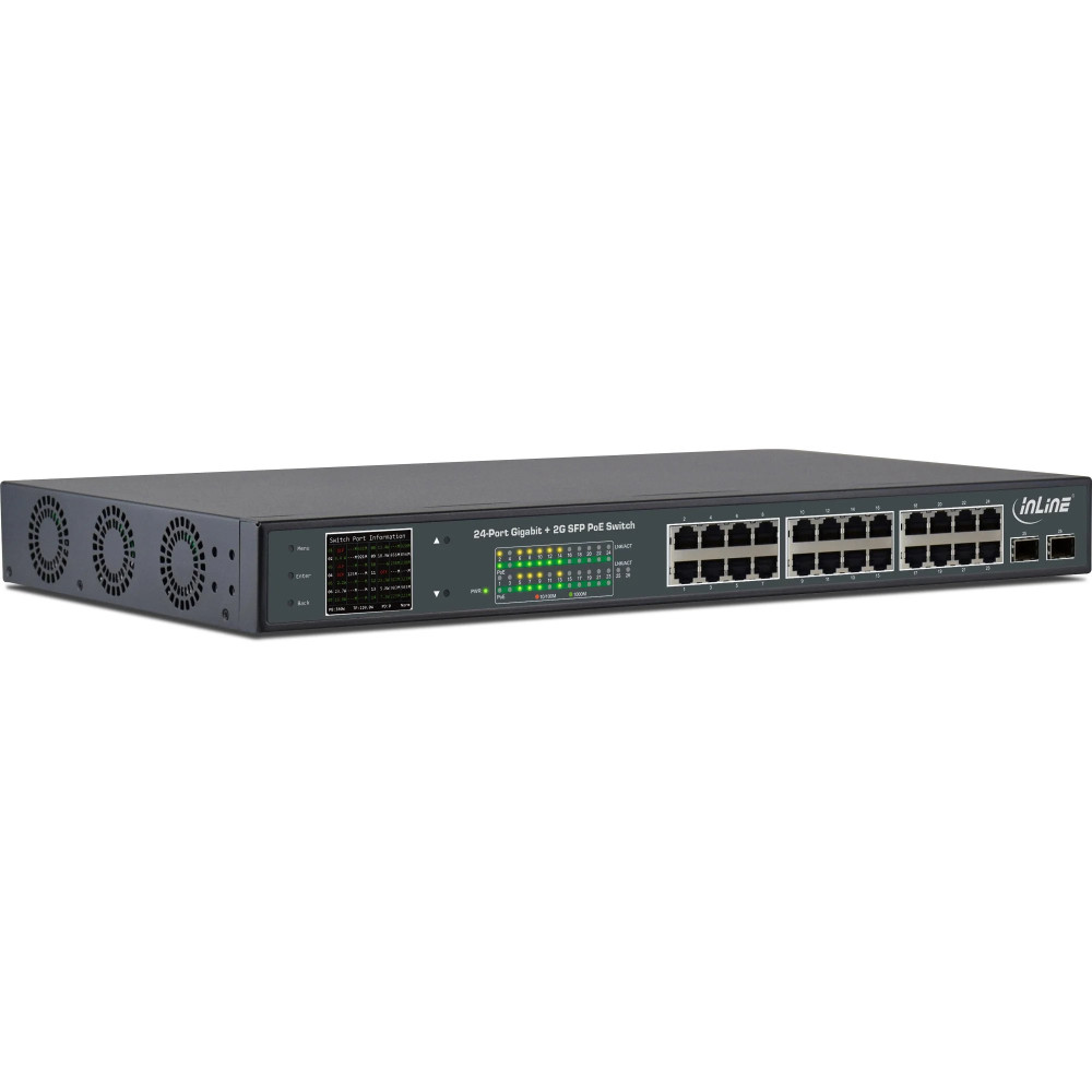 Switch di rete Gigabit InLine PoE+ a 24 porte - 1Gb/s - 2xSFP, 19"1HE (incl. angolo)