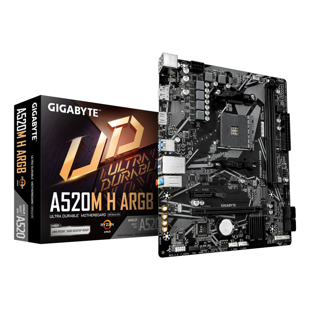 Gigabyte A520M H ARGB Mainboard ? Supporta i processori AMD Ryzen 5000, fino a 5100 MHz DDR4 (OC), PCIe 3.0 x4 M.2, 1-GbE-LAN, U