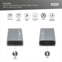 DIGITUS Alloggiamento per disco rigido USB M.2, SSD, esterno, NVMe, 10 Gbps, USB 3.1 Gen2, alluminio, senza attrezzi