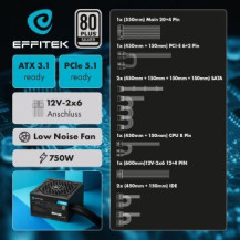 EFFITEK Netzteil 750W Silver ATX 3.1, PCI 5.1 - PC-/Server Netzteil