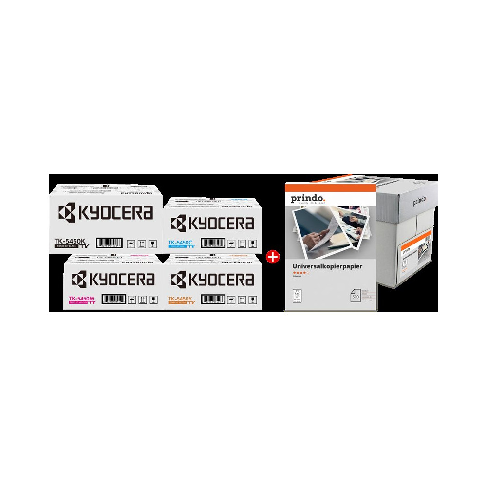 Kyocera TK-5450 MCVP nero / ciano / magenta / giallo / Bianco Value Pack (+ Prindo Universal Papier 2500 Blatt)