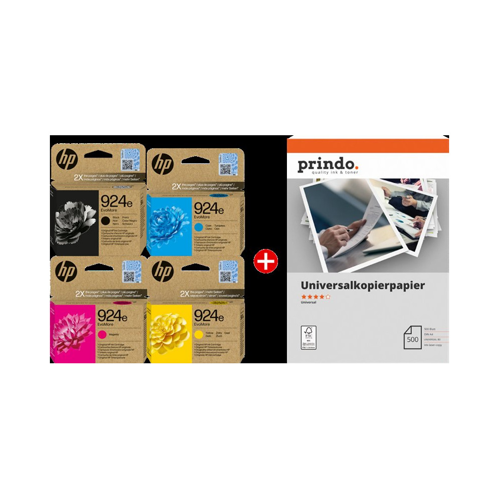 HP + Prindo Universal Papier 500 Blatt nero / ciano / magenta / giallo / Bianco Value Pack (924e MCVP)