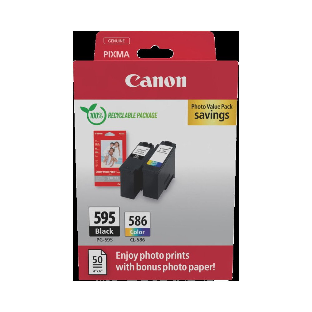 Canon PG-595+CL-586 nero / differenti colori / Bianco Value Pack (+ Fotopapier 50 Blatt 10x 15 cm)
