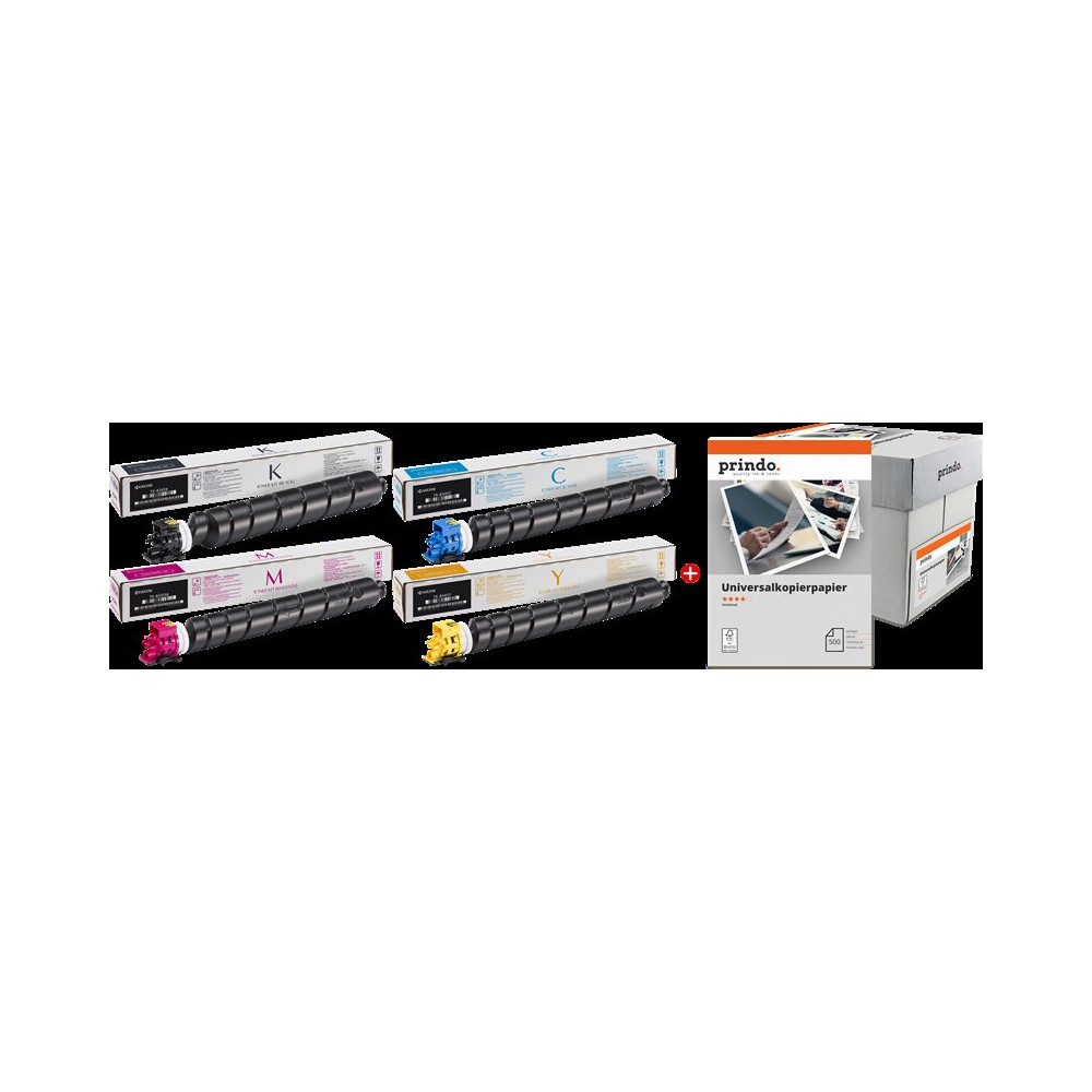 Kyocera TK-8345 MCVP 01 nero / ciano / magenta / giallo / Bianco Value Pack (+ Prindo Universal Papier 2500 Blatt)