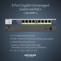 Netgear GS108PP - Non gestito - Gigabit Ethernet (10/100/1000) - Full duplex - Supporto Power over Ethernet (PoE) - Montaggio ra