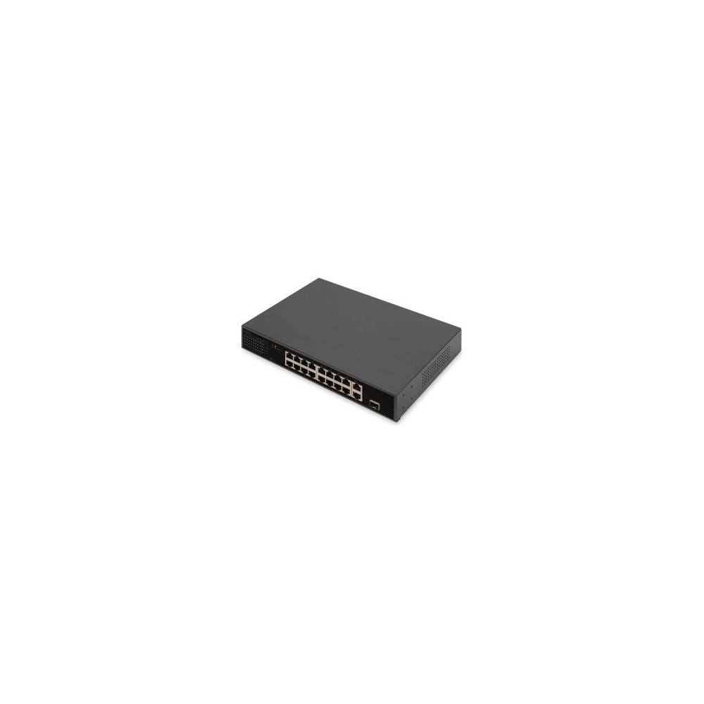 DIGITUS Switch di rete Fast Ethernet PoE a 16 porte, 19 pollici, non gestito, 2+1 porte uplink, RJ45 + SFP, 185 W, af/at