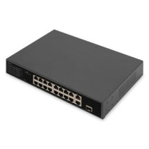 DIGITUS Switch di rete Fast Ethernet PoE a 16 porte, 19 pollici, non gestito, 2+1 porte uplink, RJ45 + SFP, 185 W, af/at