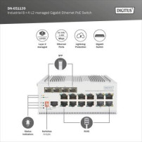 DIGITUS Switch PoE di rete Gigabit Ethernet a 8 porte, industriale, L2 gestito, 4 uplink SFP