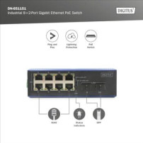 DIGITUS Switch PoE Gigabit Ethernet industriale a 8 + 2 porte
