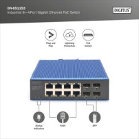 DIGITUS Switch PoE Gigabit Ethernet industriale a 8+4 porte