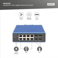 DIGITUS Switch PoE Gigabit Ethernet industriale a 8+4 porte