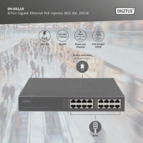 DIGITUS Iniettore PoE Gigabit Ethernet a 8 porte, 802.3bt, 250 W