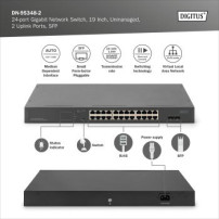 DIGITUS Switch di rete Gigabit a 24 porte, 19 pollici, non gestito, 2 porte uplink, SFP