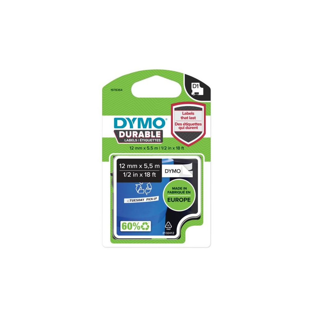 DYMO 1978364 D1 Nastro in vinile 12mm x 5,5m Nastro Nero su bianco