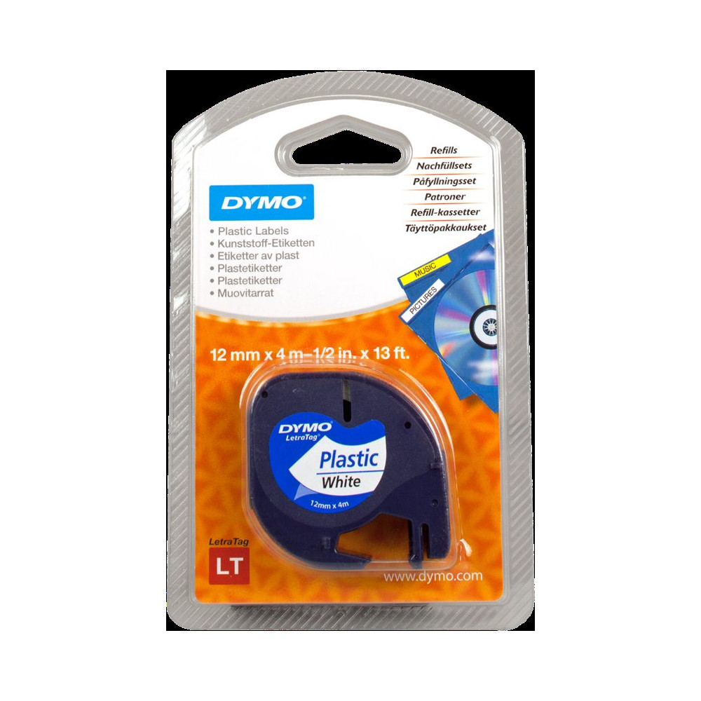 DYMO 91221 Nastro LetraTAG in plastica 12mm x 4m Nastro Nero su bianco